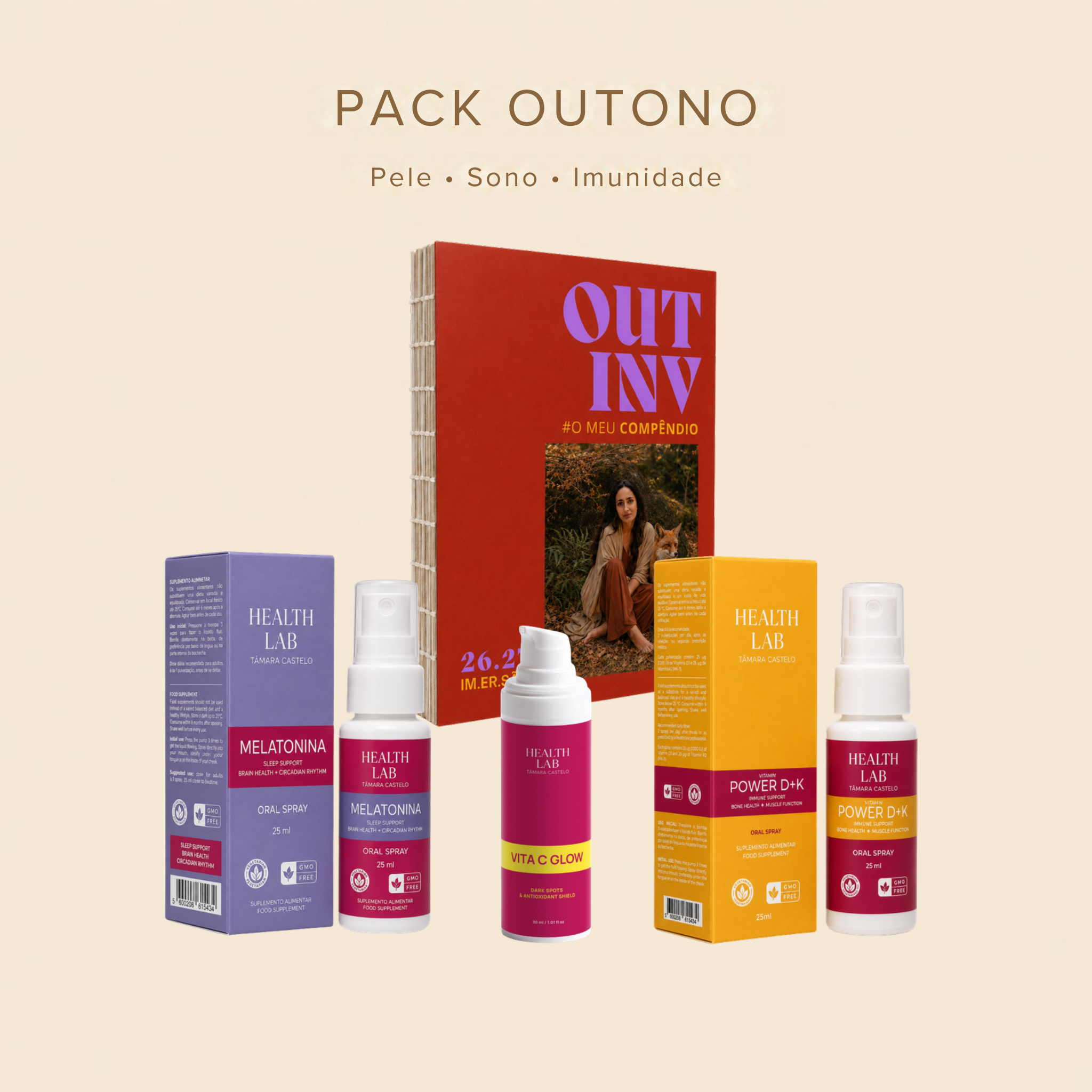 Pack Outono: Vita C Glow, Compêndio Outono + Inverno, Melatonina em Spray e Vitamina D3 + K2
