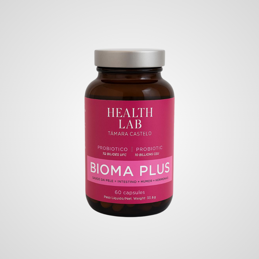 Bioma Plus probiotic supplement with capsules for gut health, packaging with several capsules visible.
