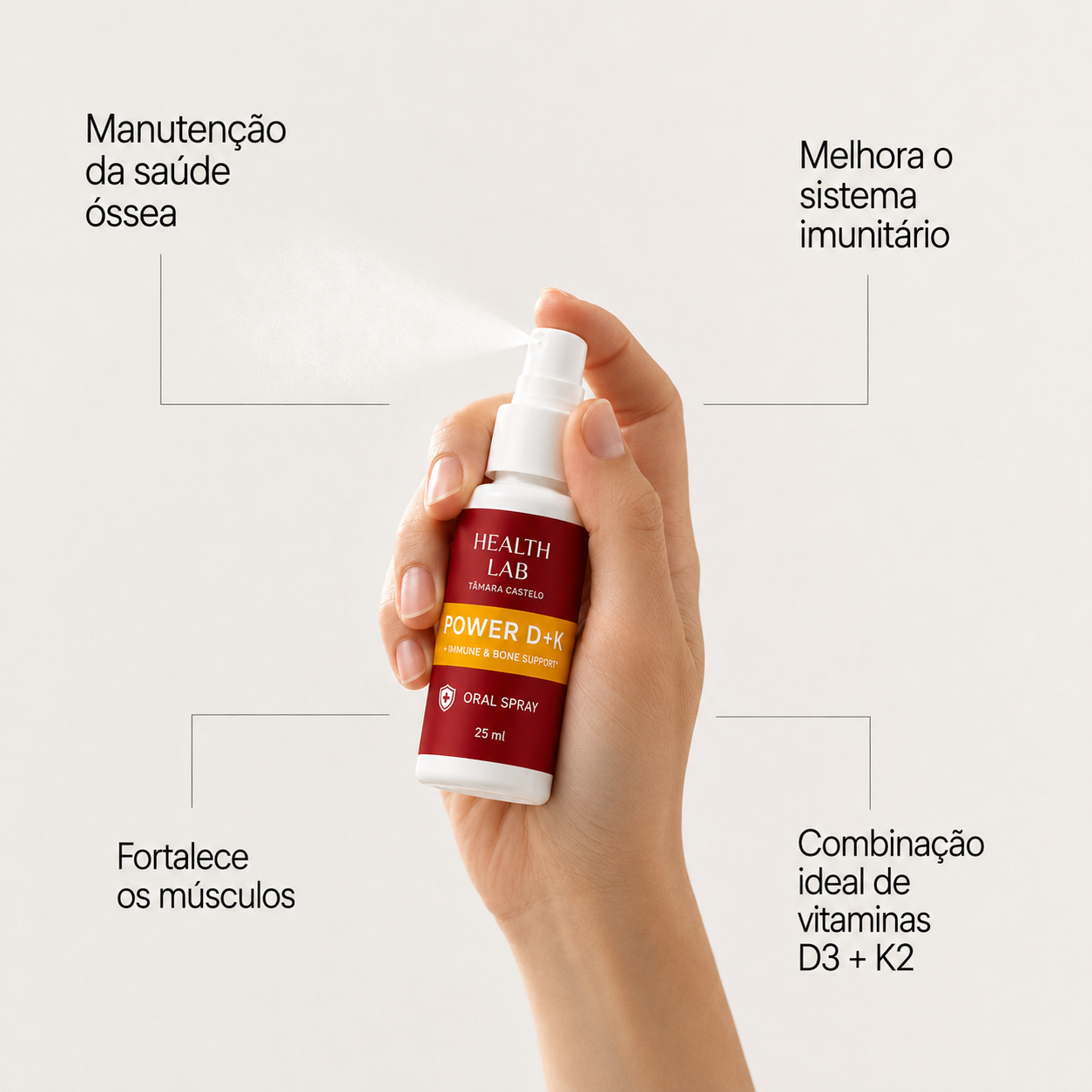 Vitamina D3 (3000UI) + K2 (250μg) em Spray — Imunidade & Ossos